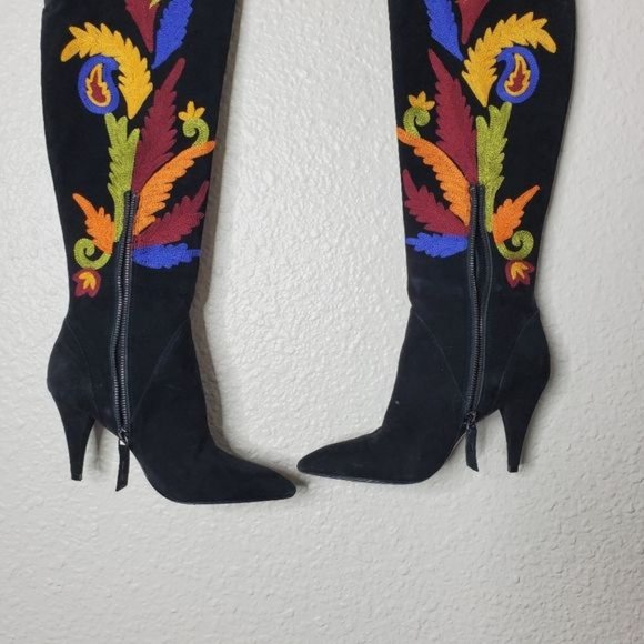 Alice + Olivia Corin Embroidered Suede Tall Heeled Boots Black Womens Size 5 - Picture 10 of 11